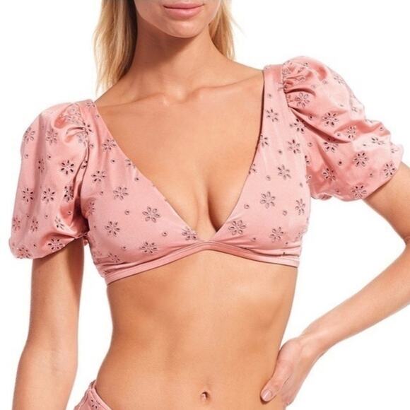 Chelsea & Violet Pink Eyelet Waterproof Swim Crop Bikini Top NWT - Picture 2 of 8